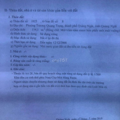 Đất Thành phố Quảng Ngãi 154m2 ngay chợ hàng rượu