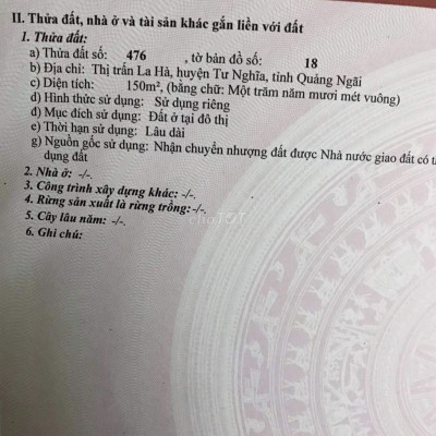 CẦN RA NHANH LÔ ĐẤT ĐẸP NGAY CHỢ LA HÀ - TƯ NGHĨA
